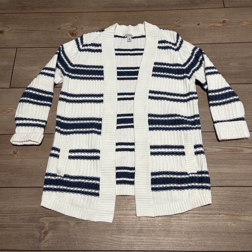 LL Bean Striped Open Cardigan Sweater Womens Medium White Nautical Cotton